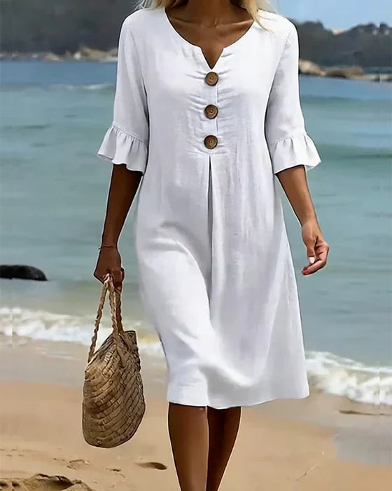 Carolina | Vestido de mujer de algodón y lino con mangas abullonadas y botones