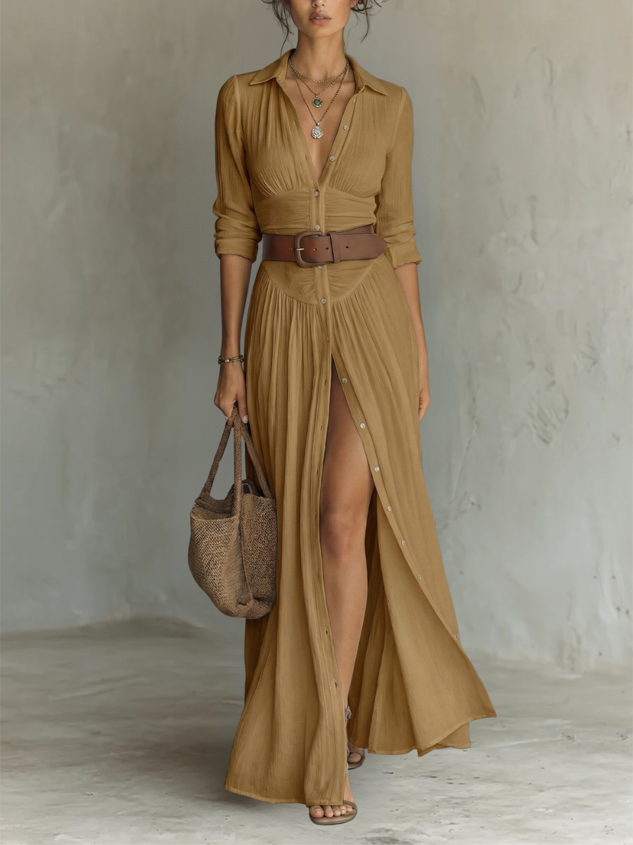 Robe Maxi Larga con Cuello Tipo Blazer y Mangas Largas de Lino para Mujer
