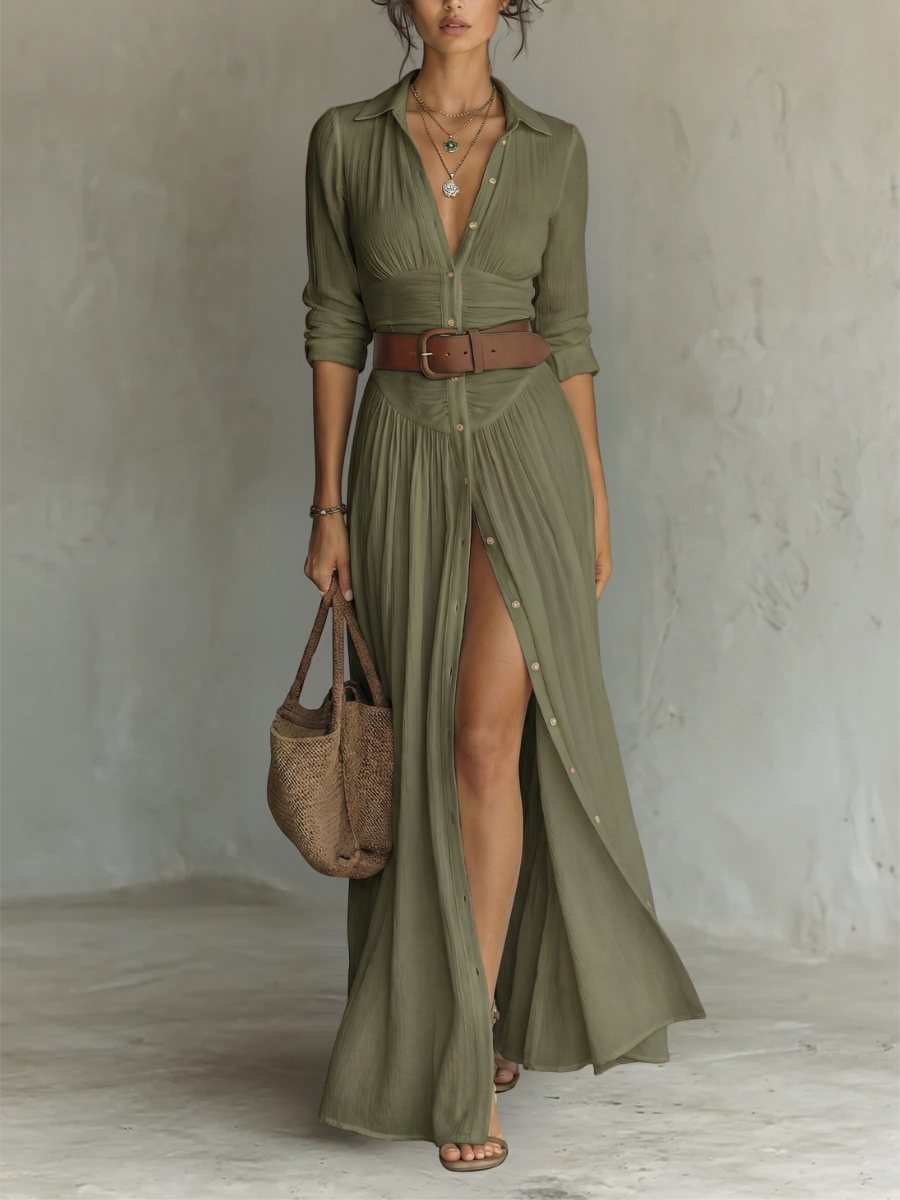 Robe Maxi Larga con Cuello Tipo Blazer y Mangas Largas de Lino para Mujer