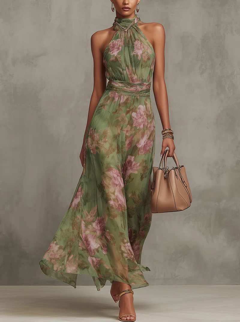 Serena | Elegante vestido largo floral fluido que favorece la silueta