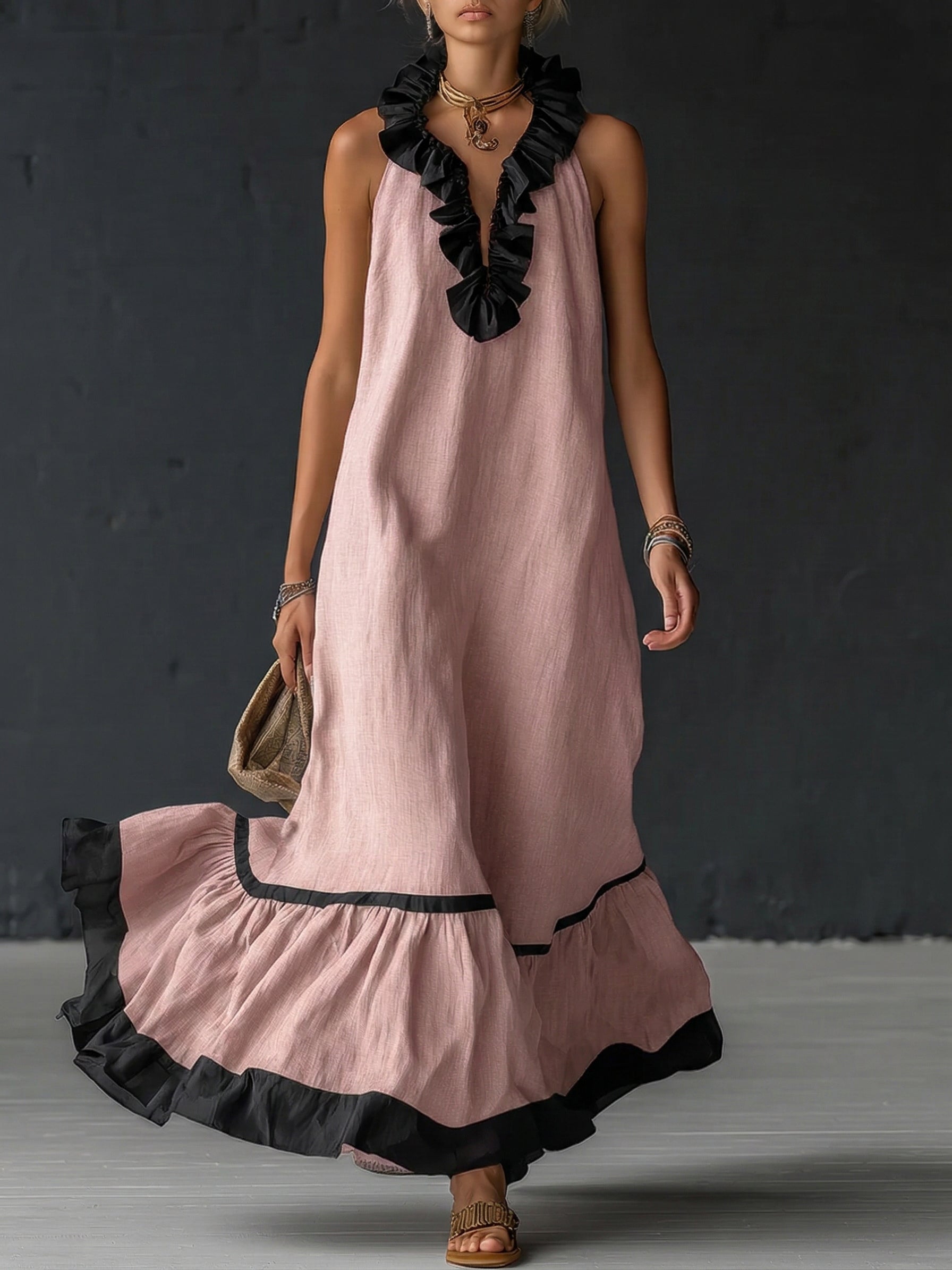 Sofia | Vestido Maxi con Volantes y Detalle Bicolor